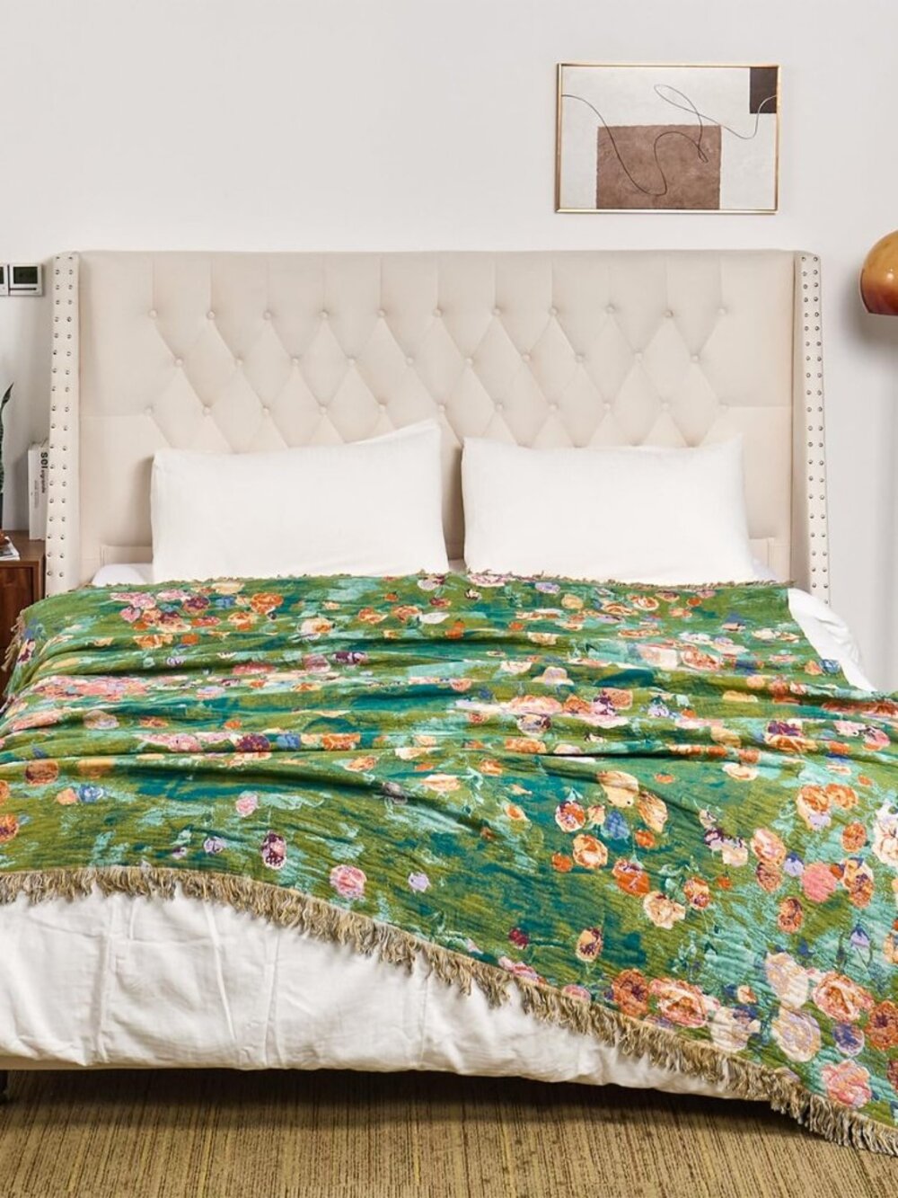 Boho Throw Blanket for Bed 90"x 90" Quilted Cotton Reversible Green